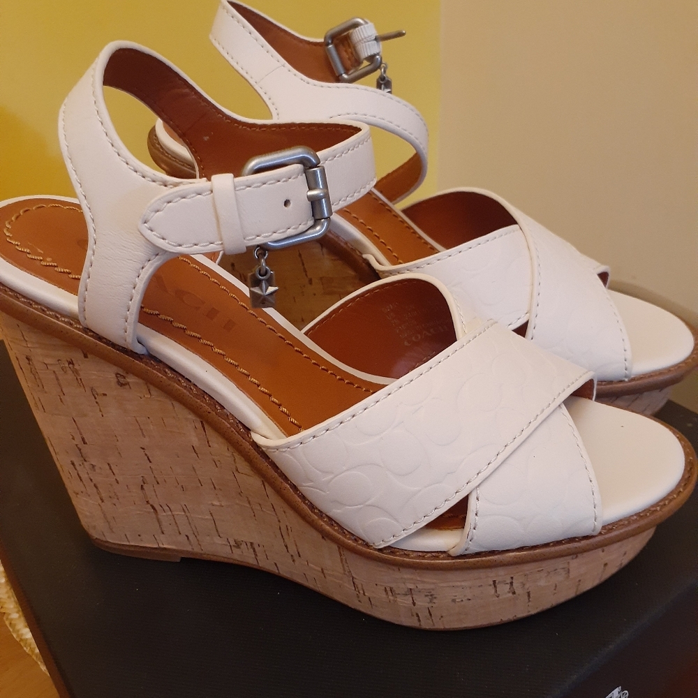 Coach White Leather Cork Wedge Sandals